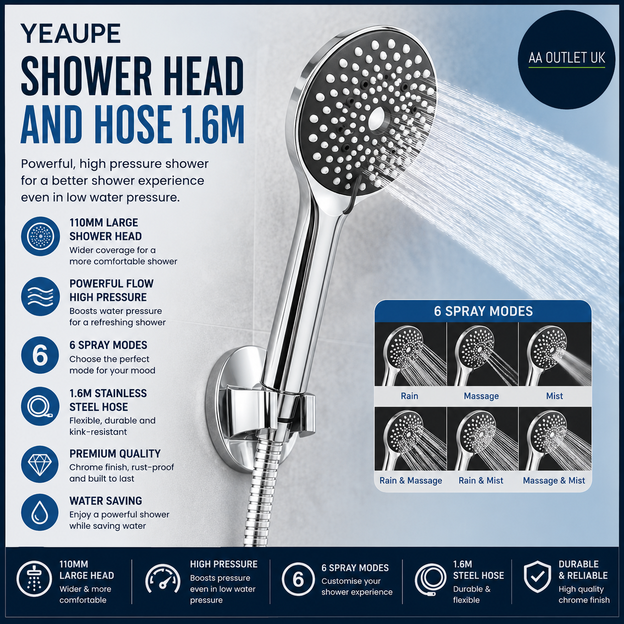 Yeaupe Shower Head Hose 1.6m 110mm Large Powerful Flow High Pressure Chrome