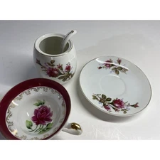 5 Piece Footed Teacup Saucer Jelly Spoon Set L & M Pompadour Rose Lipper & Mann