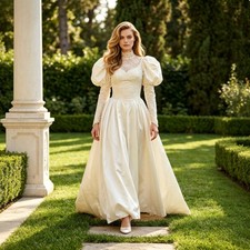 Vintage Puff Sleeve High Neck Satin Wedding Dress Long Sleeve A-Line Bridal Gown