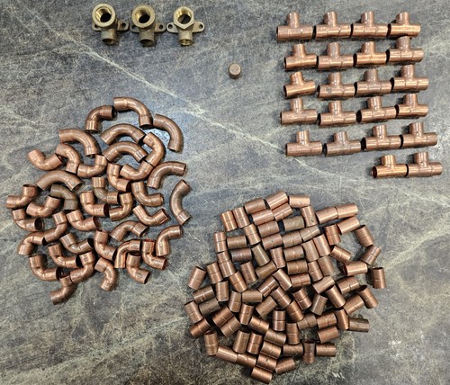 (LOT OF 149) 3/8" Copper Sweat Fittings Solder Tees, Elbow, Coupler, Cap Nibco