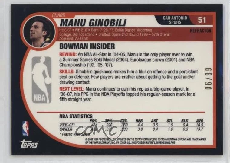 2007 Bowman Draft Picks & Stars Chrome Gold Refractor /99 Manu Ginobili #51 HOF - Image 2 of 2