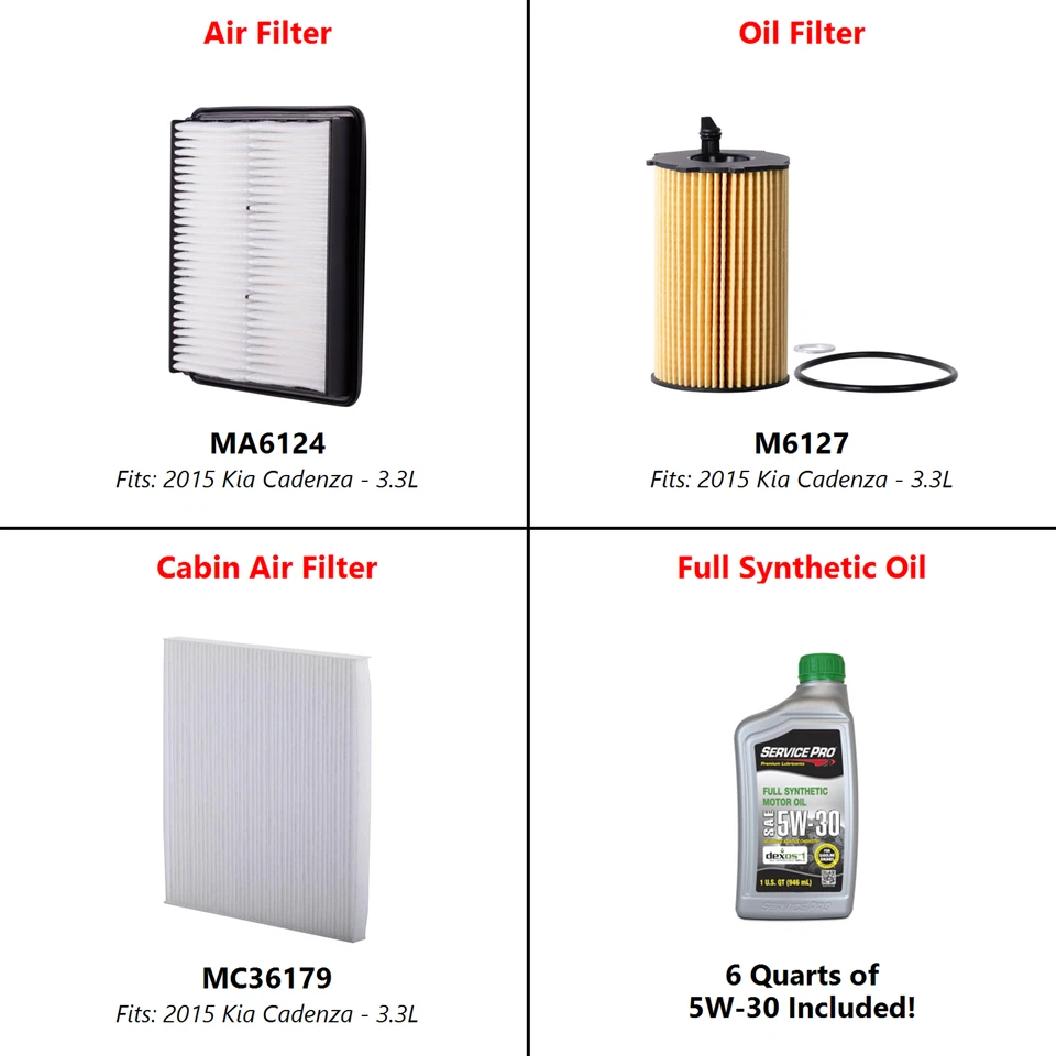 2015 Kia Cadenza 3.3L Complete Cabin, Air & Oil Filter Kit (5W-30) Foto 2 de 4