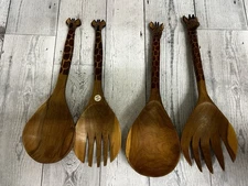 Giraffe Salad Server Set Hand Carved Wooden Spoon and Fork Whimsical Decor Lot 2
