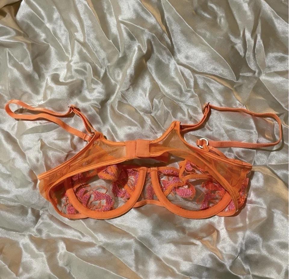 Sujetador transparente de malla sin forro de encaje naranja neón mango Honey Birdette Gabrielle 32B Foto 2 de 3