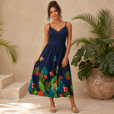 Old Navy Fit Flare Midi Dress 1X Navy Tropical Floral Smocked Cottagecore Boho