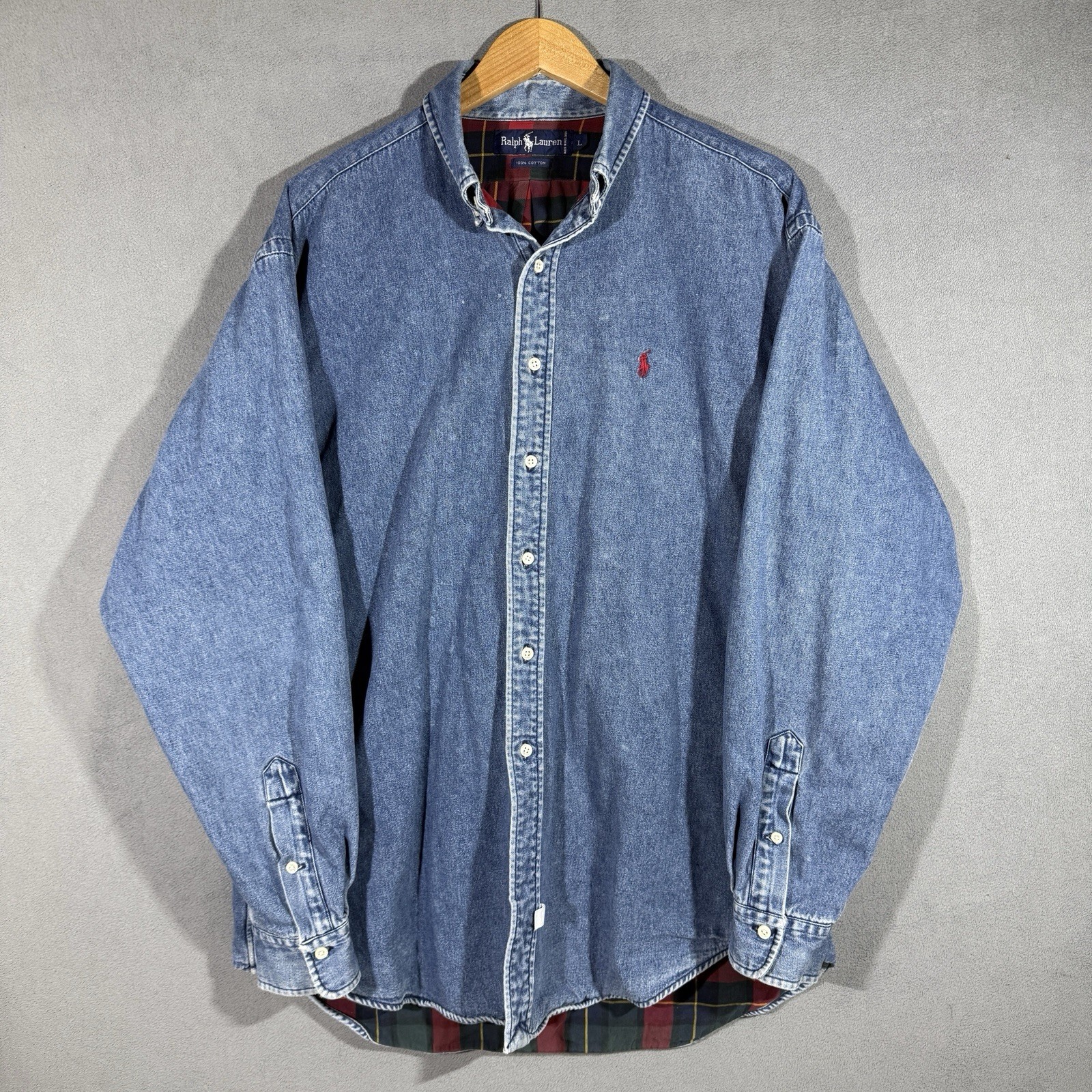 Vintage Polo Ralph Lauren Denim Shirt Men Large Plaid Flannel Lined Jacket Work