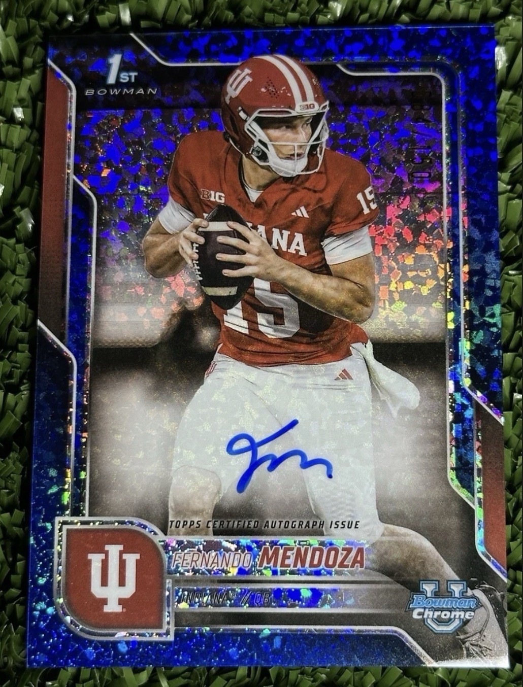 Fernando Mendoza 2025 Bowman Chrome U Blue Mini-Diamond Auto #d /150 #BCA-FME