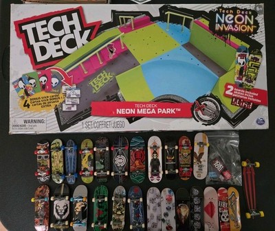 TECH DECK Neon Invasion Mega Park W/ 25 Extra Skate Boards & Parts