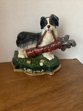 Cast Iron Border Collie Door Stop with Golf Clubs Dog Caddie Hand Painted