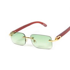 Men's Rimless Gold Frame Green Gradient Tint Lens Woodgrain Hip Hop Sunglasses