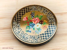 Colourful Floral Black and Gold-Vintage Make Up/Powder Compact-0ye