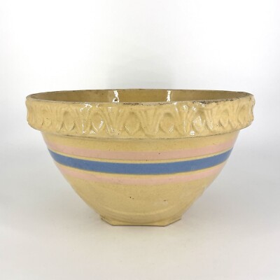 Vintage Yellow Ware McCoy Mixing Bowl Pink Blue Stripe Pie Crust Edge 11.5 