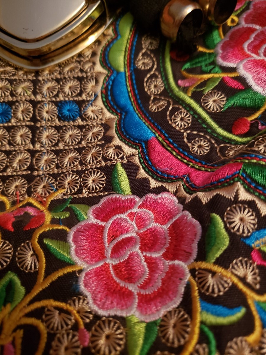 Woven Bohemian Embroidered Rose Backpack Black Trim  display picture 1