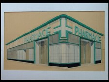 PHARMACIE, GRANDE GOUACHE ORIGINALE ARCHITECTURE -1950- DEVANTURE