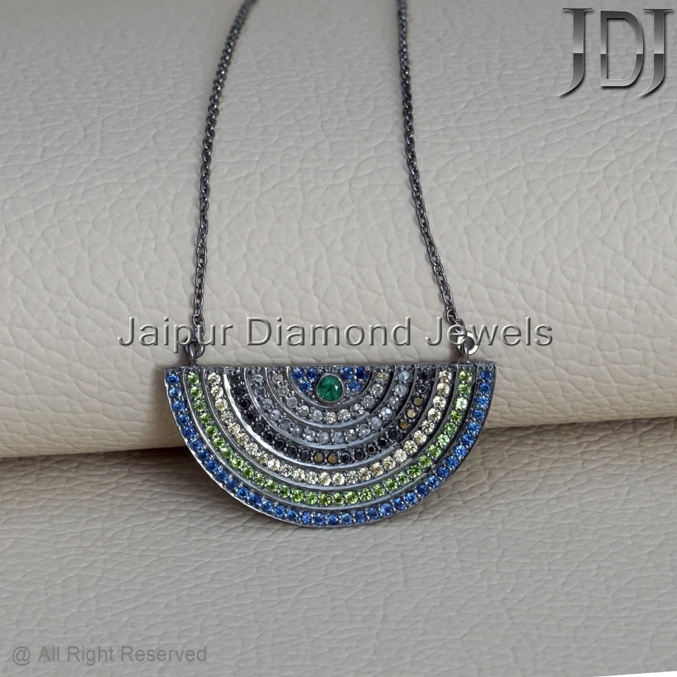 Natürlich Pflastern Diamant Multi Edelstein Halskette 925 Sterlingsilber - Bild 2 von 4