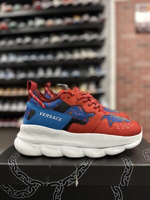 Versace $1075 Red Blue Barocco Chain Reaction Sneakers Size 42 US