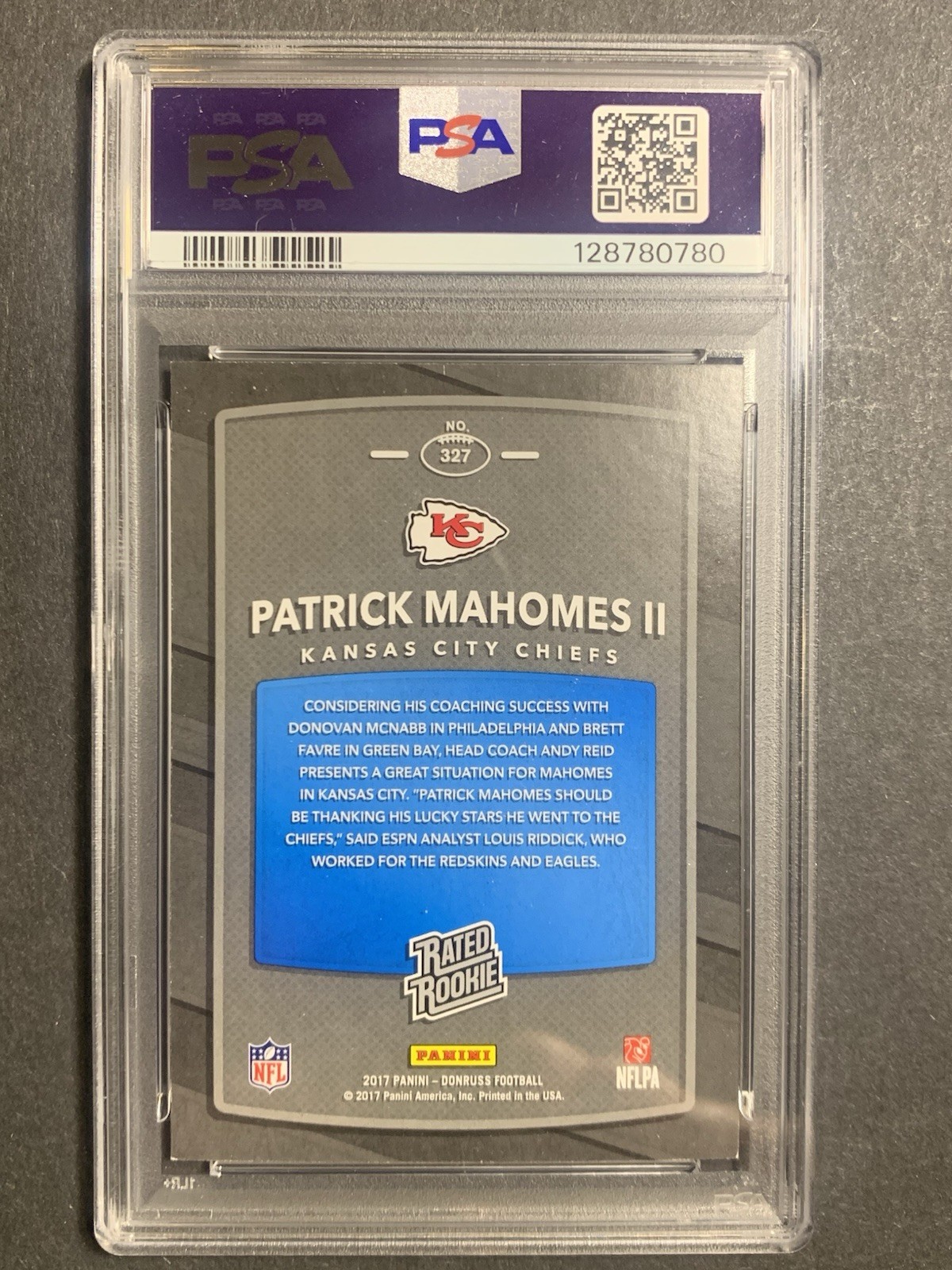 2017 Panini Donruss Rated Rookie Patrick Mahomes II #327 (RC) PSA 8 view 3