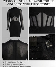 Windsor Black Mesh Sheer Boned Corset Mini Dress High Neck Rhinestone S