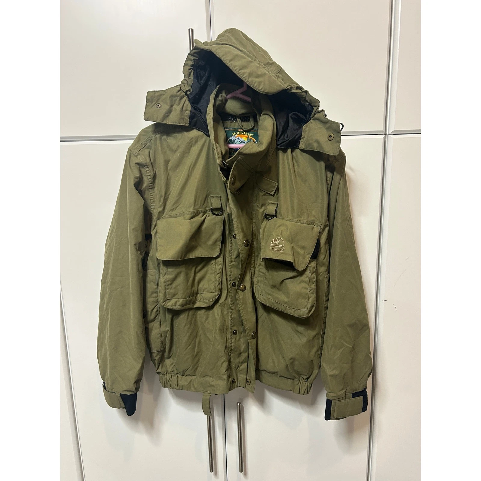Hodgman Mens Wading Jacket Olive Green Hooded Fishing Utility Field Coat Small