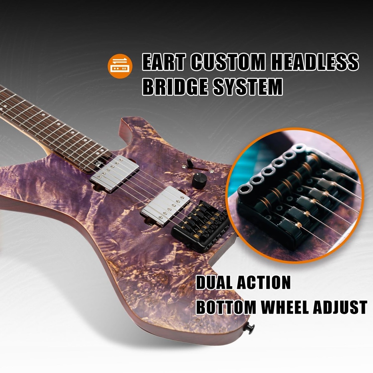 EART Headless Electric Guitar GW2 fixed Bridge for 6 String Travel