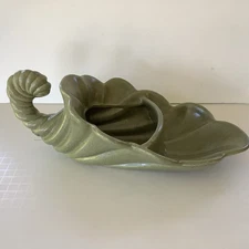 Vintage Haeger Pottery Olive Green Cornucopia Candy Dish Planter Mid Century