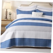 XL Queen Quilt Set 90x96 Inches, Blue Striped Bedspread Queen XL Blue Geometry