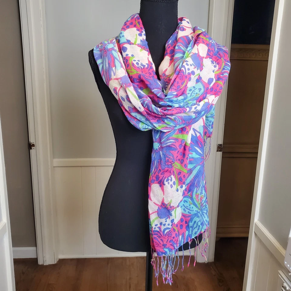 Lilly Pulitzer Murfee Bufanda Envoltura Seda Mezcla Cachemira Flecos Rosa Azul Verde Foto 3 de 4