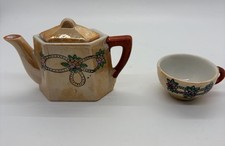 Vintage Lusterware Miniature Teapot And Tea Cup Set Peach Iridescent Florals