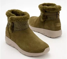 Skechers On-the-GO City Water Repellent Suede Boots Size 8 Olive Winter Gleam