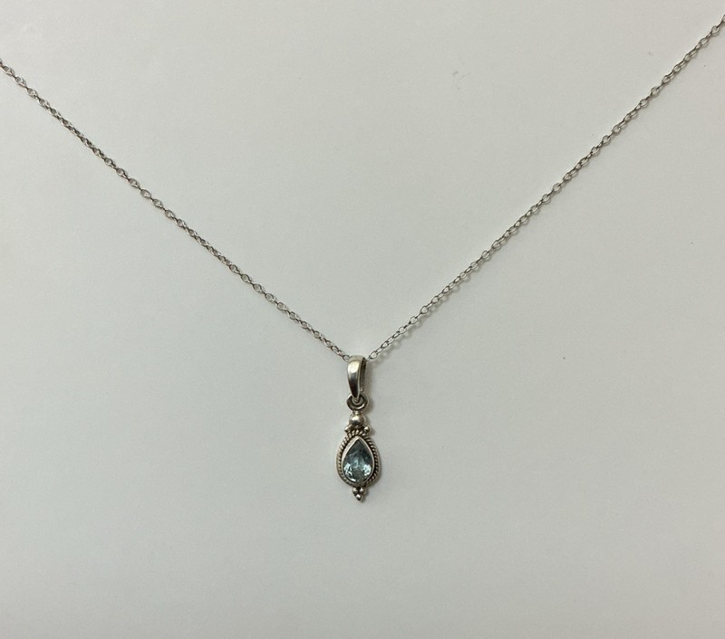 Sterling Silver Small Blue Topaz Teardrop Pendant 18" Inch Chain 