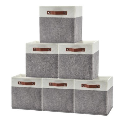 13x13in Storage Cube Bins 6PCS Foldable Linen Fabric Baskets w/ Leather Handles