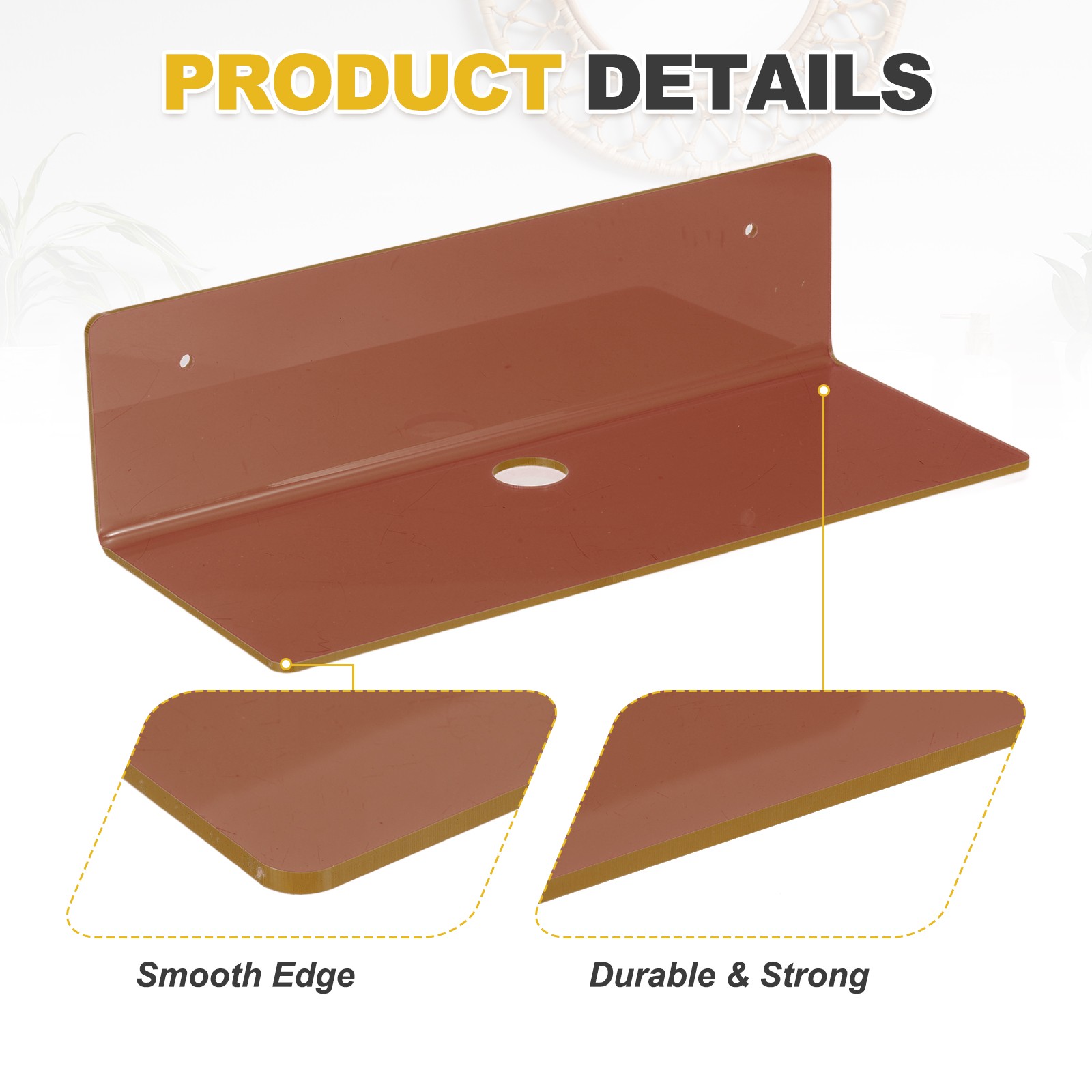 2 Pack Acrylic Shelves for Wall, 9 Inch Brown Floating Shelves Wall Mount