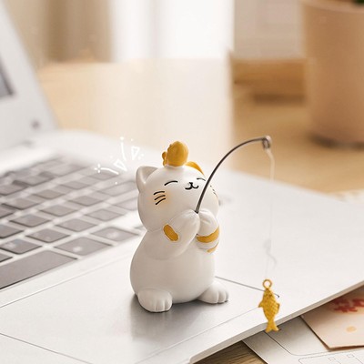 Creative Fishing Cat Statue Cute Animal Ornaments Crafts Resin Figurine Decor US