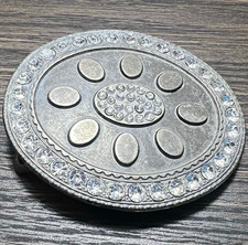 Vintage Western Boho Flower Rhinestone Antique Silver Metal Oval Belt Buckle