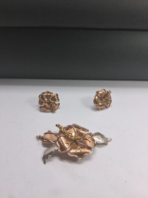 Vintage Two-Tone Hibiscus Flower Pendant & Stud Earring Set - Rose Gold & Silver
