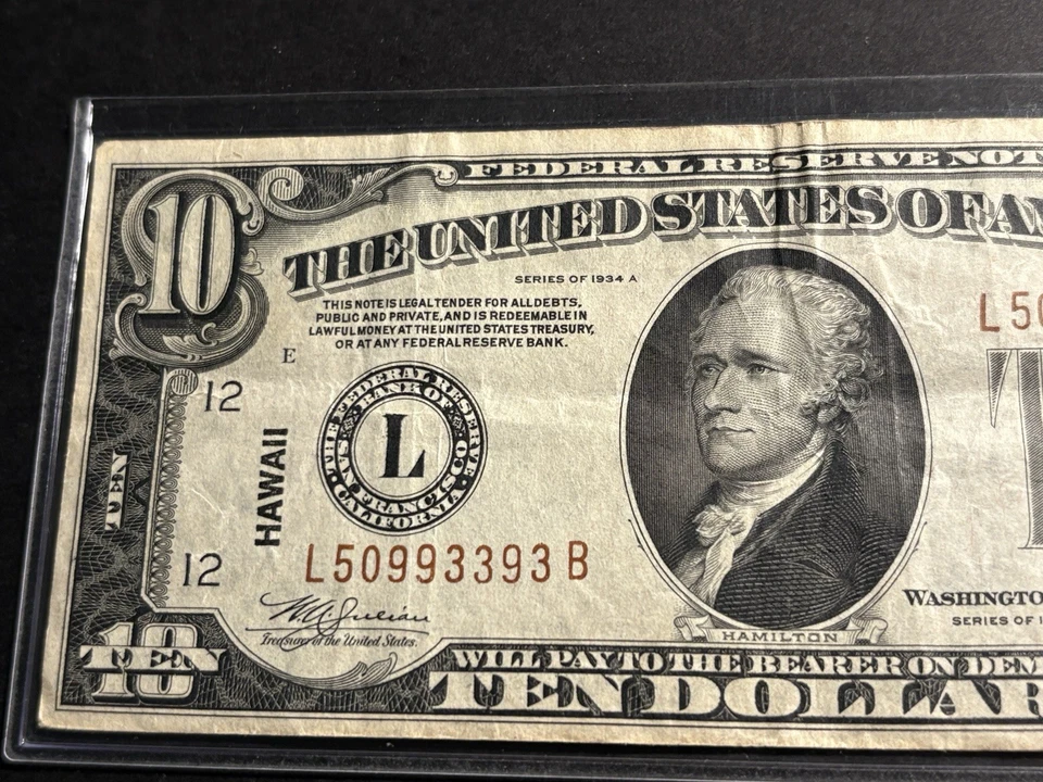 1934-A $10 Federal Reserve Note — Circulated — WWII Hawaii Emergency Issue - Image 2 of 4