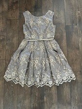 Eliza J Gold Black Lace Embroidered Cocktail Dress Sz 12 Belt Sleeveless Pleats