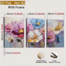 2D Flat Framed 3pcs Set, Colorful Flower Wall Art Decor - Beautiful Blooming Flo