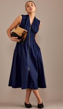 Anthropologie Shirt Dress Navy Tommie Smocked Front Zip Preppy Boho Size XS NWT