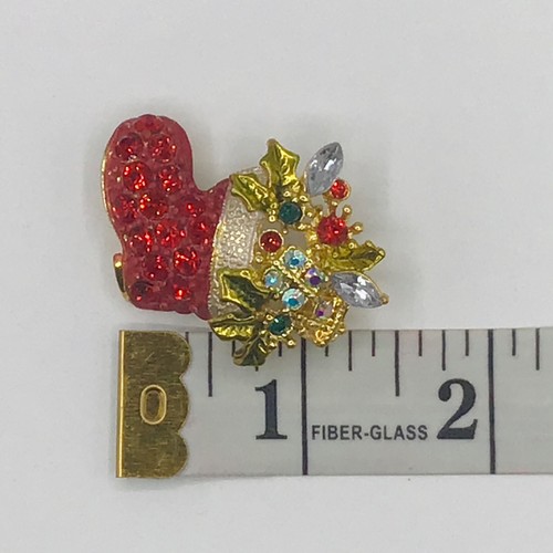 Vintage Weihnachts Brosche Strumpf rot Strass AB Kristall Stechpalme Schleife emailliert Stiefel - Bild 7 von 7