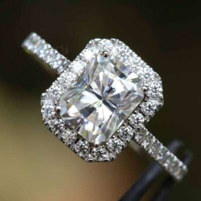 3.10 CTW Radiant Cut VVS1 Moissanite Halo Engagement Ring 14K White Gold Plated