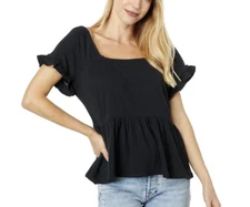 MADEWELL TRUE BLACK COTTON GAUZE PEPLUM KNOT LIGHTSPUN RUFFLE-HEM TOP Sz L