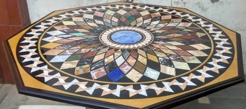 Table Basse Marbre Noir Incrusté Mosaïque, Forme Octogonale - Déco Indienne Unique