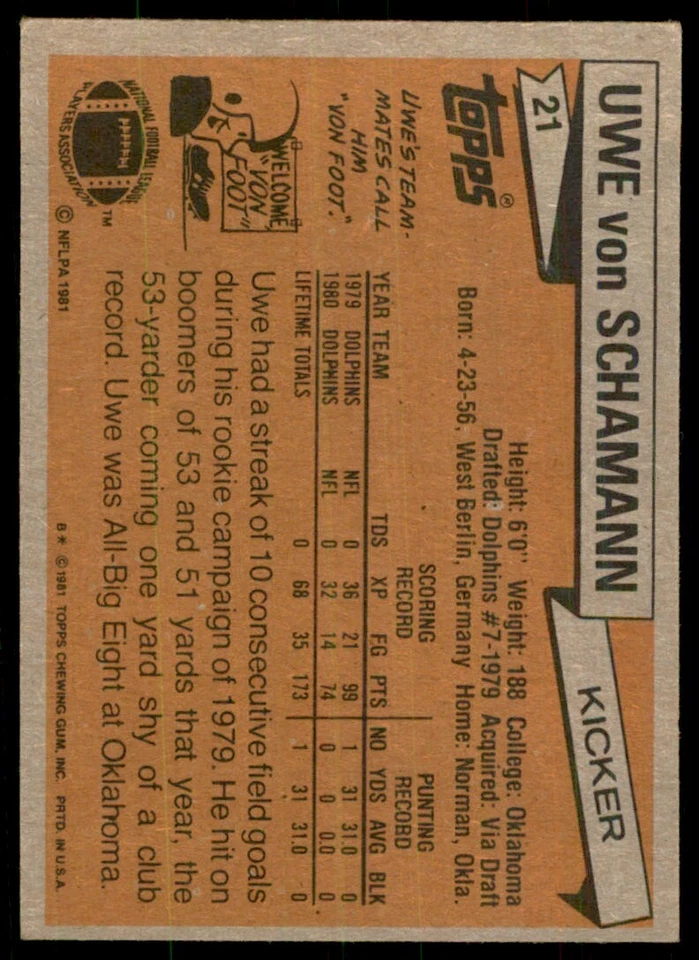 1981 TOPPS UWE VON SCHAMANN. MIAMI DOLPHINS #21 - Image 2 of 2