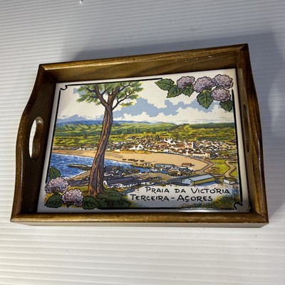 Traditional Portuguese Tile Serving Wooden Tray Praia Da Victoria Victory Beach