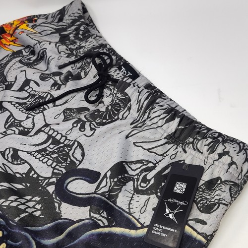 Ed Hardy Shorts Mens XL Grey Y2K Punk Skull Panther Mesh Spell Out New