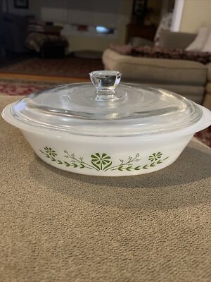 Vintage Glasbake Casserole Dish J235 1 QT Green Daisy Oval Milk Glass (CT)