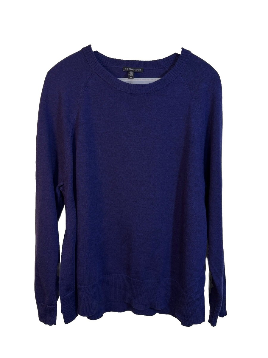 Eileen Fisher Small Blue Wool Side Slits Round Neck Sweater Tunic Top Winter