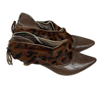 Irregular Choice Leopard Print Leather Fur Bootie Size 36 Brown Tie Up Pointed