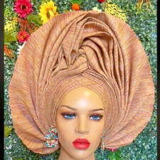 Luxury orange mixed Autogele Aso-Oke African Head Tie Auto Gele. NEW